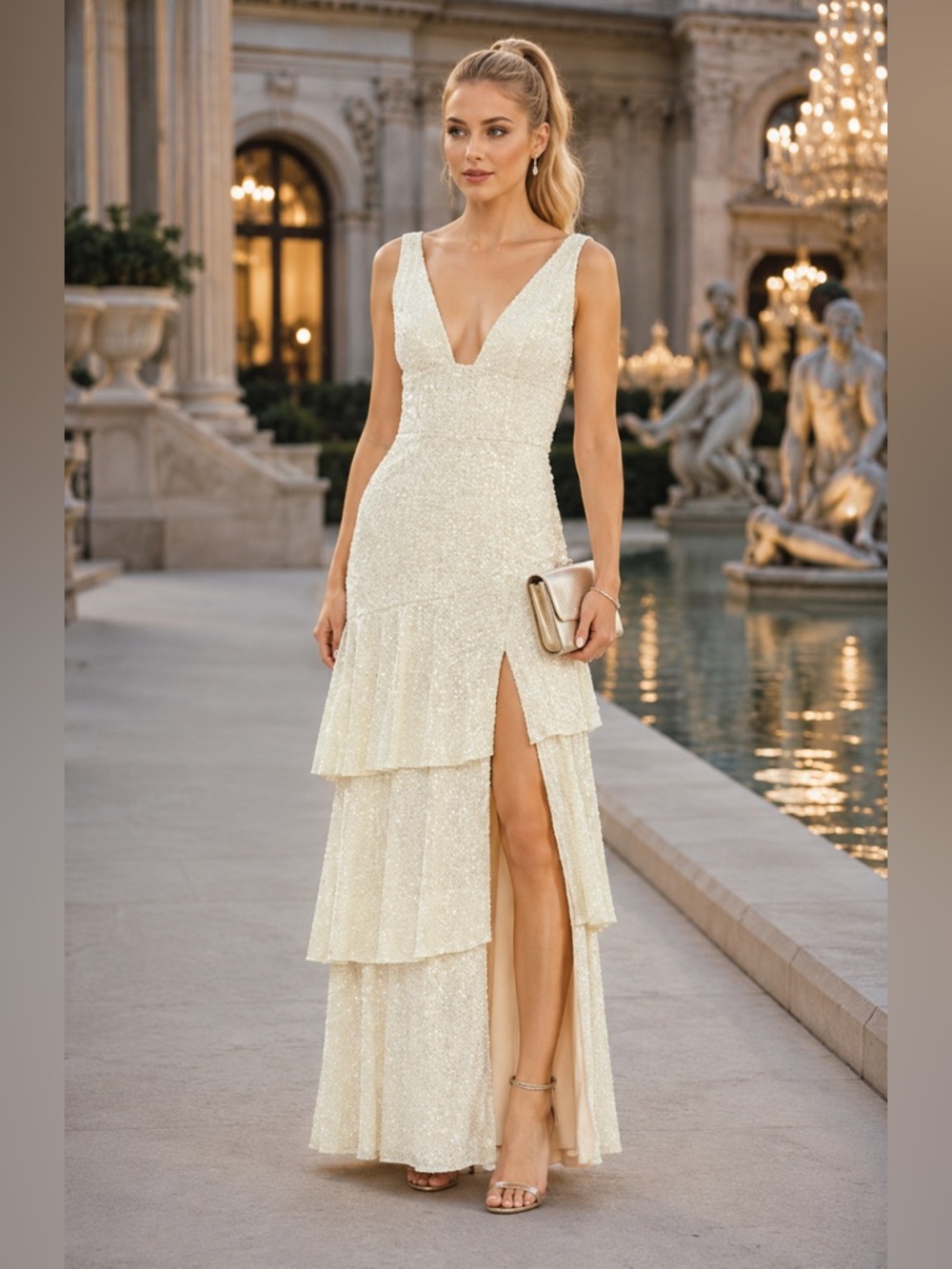 IEENA FOR MAC DUGGAL
Beige Sequin Asymmetrical Ruffle Tiered Gown NWT size 8